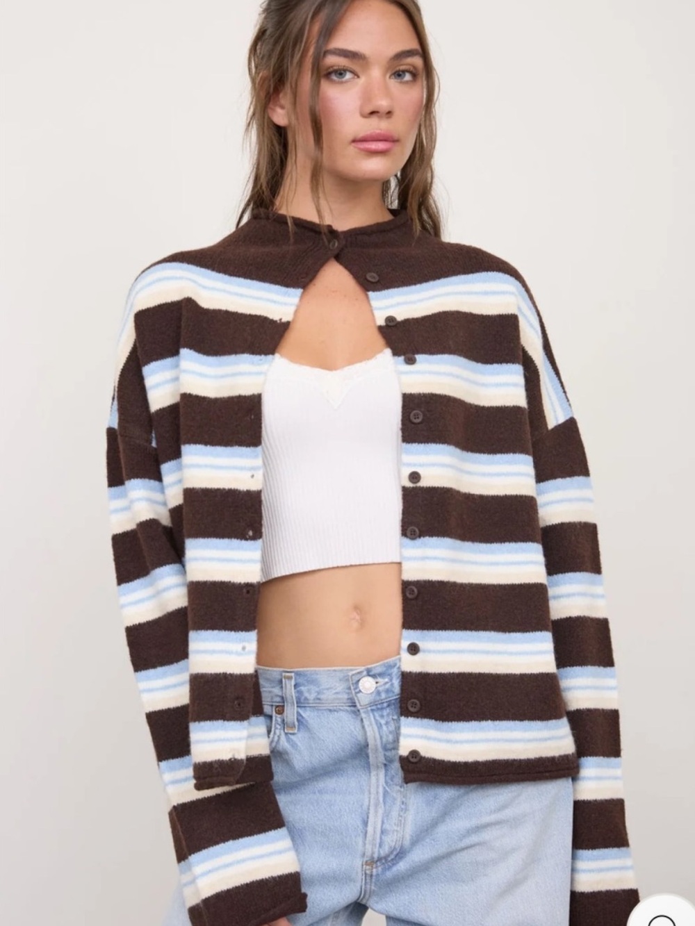 Brown Multi Stripe Button Down Knit Cardigan Sweater